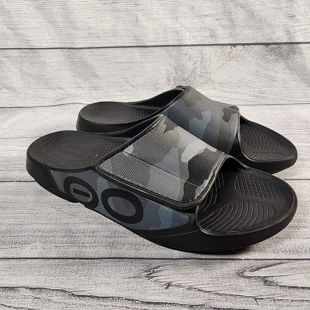 Oofos OOahh Sport Flex Men's 13 Camo Slide Sandals Black Grey Recovery Shoes